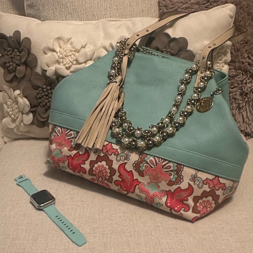 Ellen Tracy Floral Print Canvas and Faux Leather Shoulder Bag